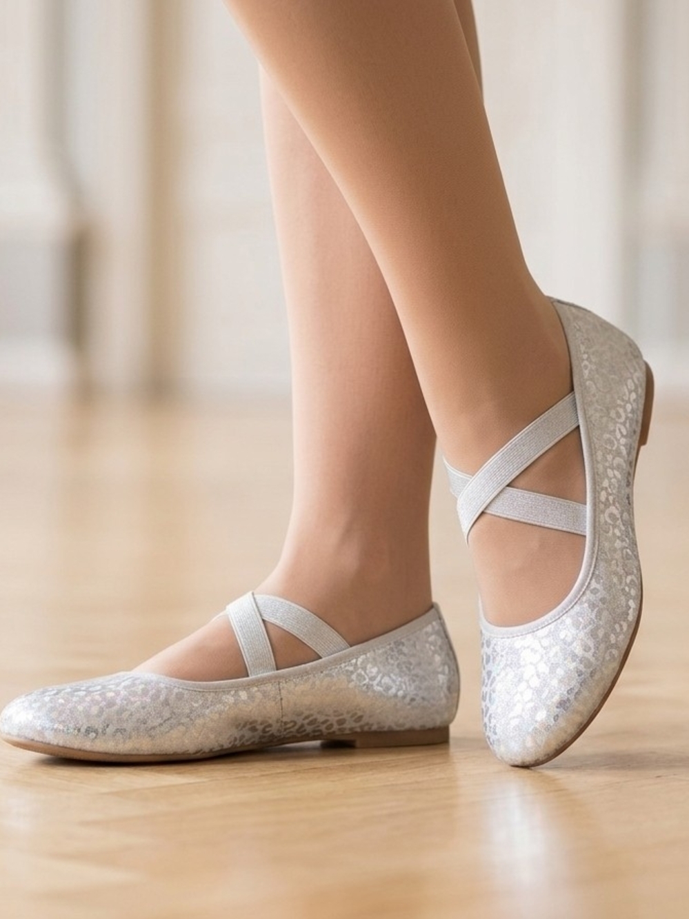 Metallic Silver Leopard-Print Mary Jane Flats with Cross Straps #179